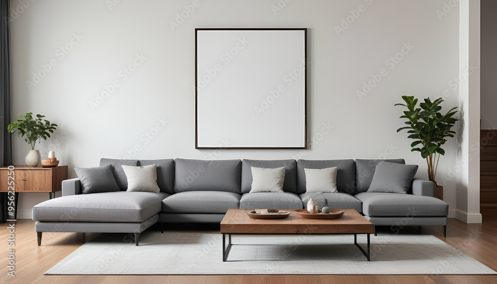 A living room with a gray sofa, white throw pillows, and a white blank framed on the wall A living room with a gray sofa, white throw pillows, and a white blank framed on the wall