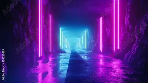 Vibrant neon lights illuminate a mystical corridor in a dark, serene landscape during nighttime