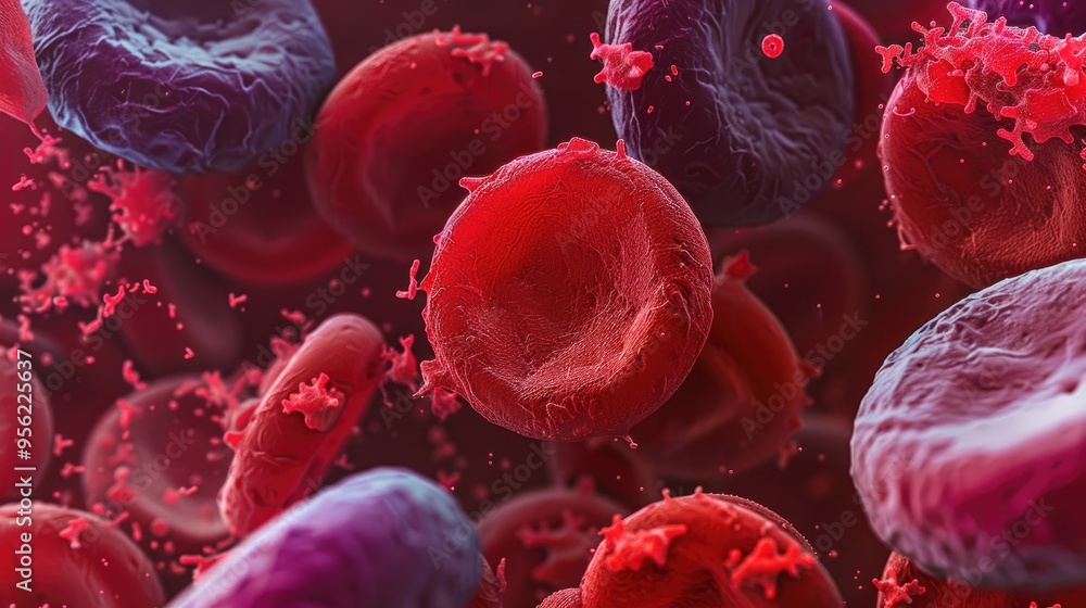 Fototapeta premium Blood smear microscopic show Neutrophils Giant platelets and red blood cells
