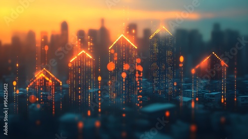 How would a drop in interest rates influence your choice to refinance and potentially expand your real estate investments, copy space, real estate growth, futuristic, double exposure