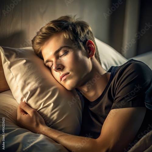 A young handsome man relaxing and sleeping on a bed at home