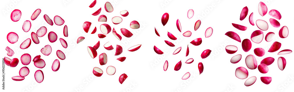 Isolated falling Radish slice with full depth of field, clipping path, white background Isolated falling Radish slice with full depth of field, clipping path, white background