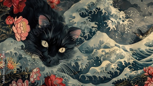 Ukiyo e artistic image of black cat flower tattoo wave repeat