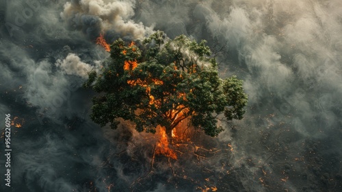 crown fire green tree on flames branches enveloping gray smoke natural forest fire rampant elements danger setting fire to dry grass harming nature uncontrolled burning spontaneous spread photo