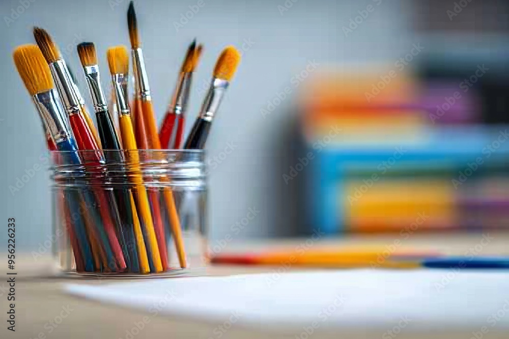 Obraz premium Close-Up of an Art Supplies Table with Brushes, Paintbrushes, and Color Palettes