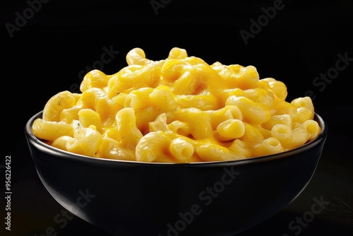 A bowl of macaroni and cheese against a black background. photo