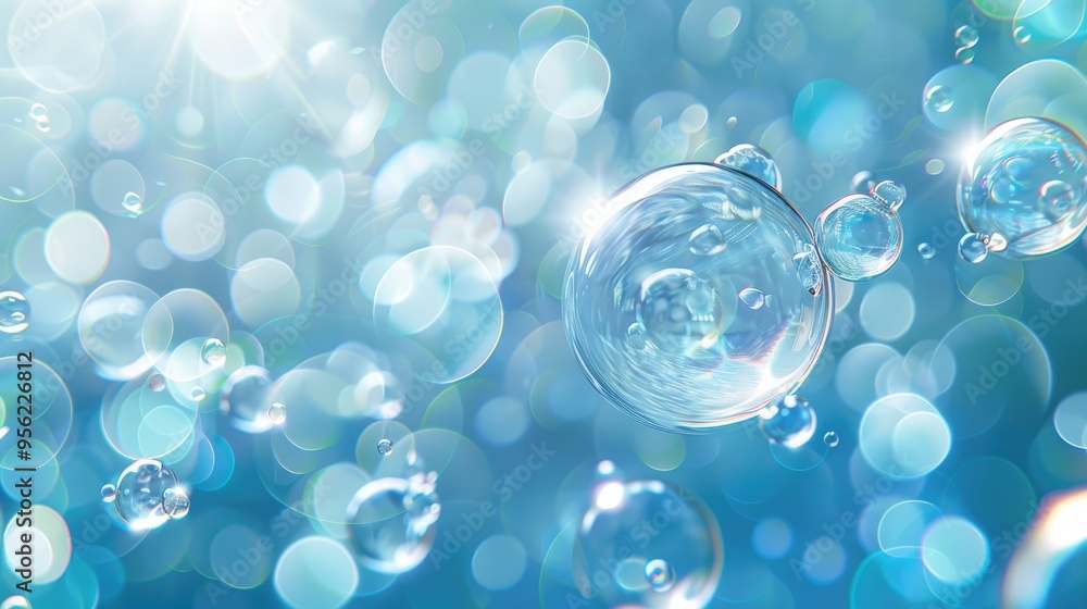 Bubbling fizz and refreshing beauty care products cleanliness or reviving vitality Studio shot of transparent effervescent blue gas bubbles levitating in macroscopic view with defocus bokeh blur Bubbling fizz and refreshing beauty care products cleanliness or reviving vitality Studio shot of transparent effervescent blue gas bubbles levitating in macroscopic view with defocus bokeh blur