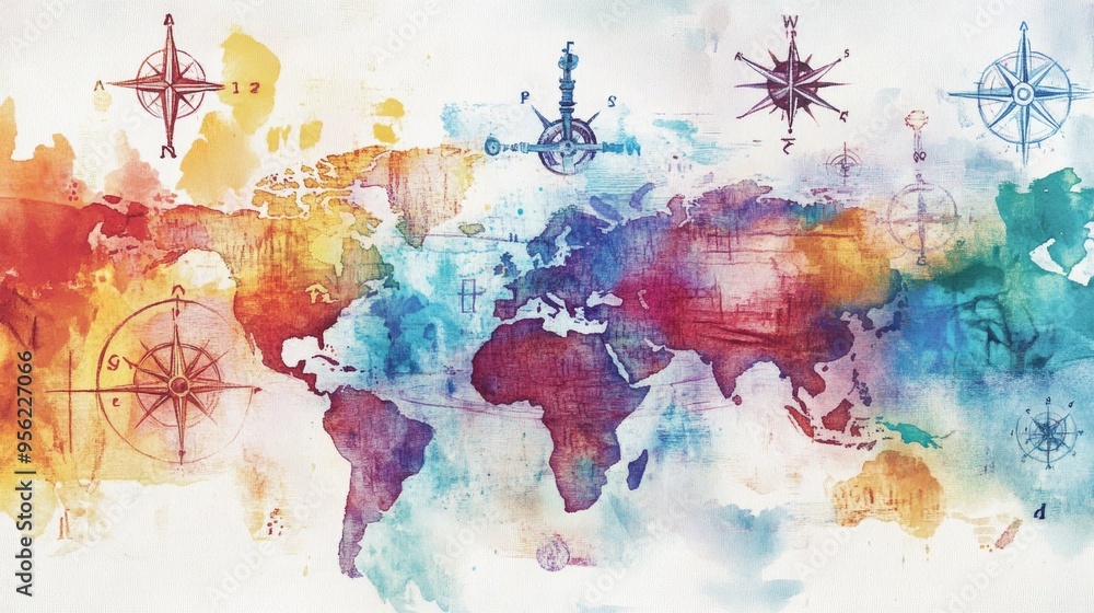 Fototapeta Watercolor World Map with Compass Motifs