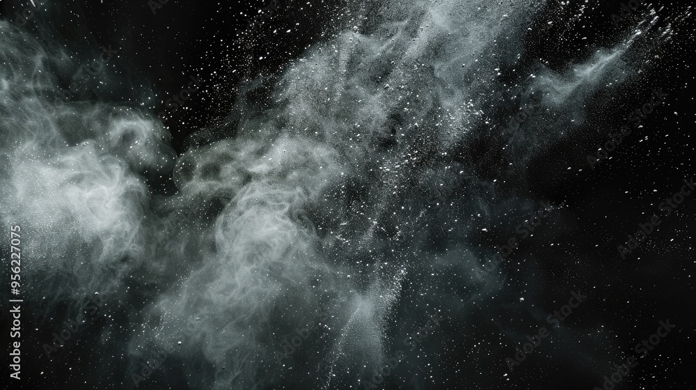 Fototapeta premium white dust debris isolated on black background motion powder spray burst in dark texture