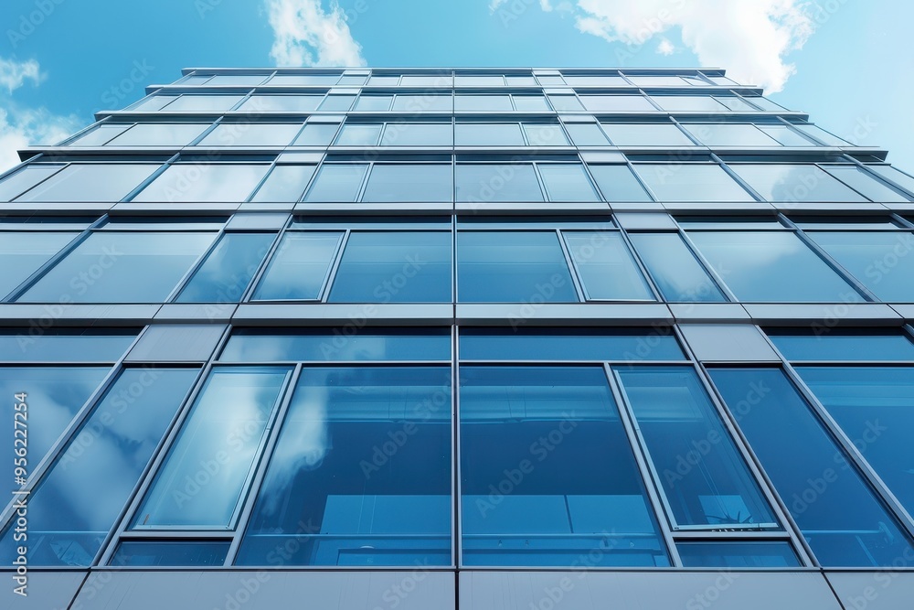 Modern Glass Facade of a Tall Building with Blue Sky Modern Glass Facade of a Tall Building with Blue Sky