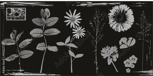 Vintage y2k set  with retro negative photocopy effect. Dried flowers grunge with a grainy effect and stippling. Vector stock illustration