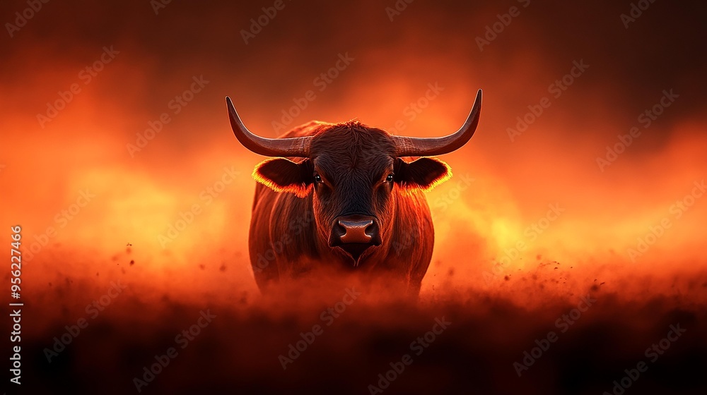 A majestic bull stands boldly against a fiery sunset backdrop, showcasing strength and nature's beauty in vibrant colors. High Quality. A majestic bull stands boldly against a fiery sunset backdrop, showcasing strength and nature's beauty in vibrant colors. High Quality.
