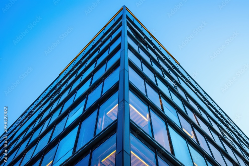 Modern Glass Facade of a High-Rise Building Against a Blue Sky Modern Glass Facade of a High-Rise Building Against a Blue Sky