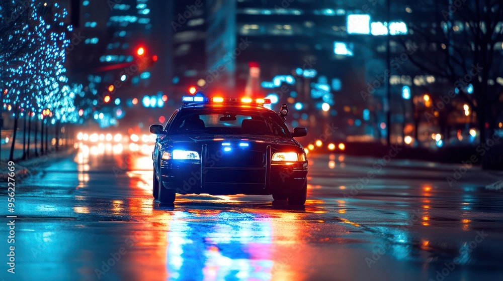 Officer responding to an emergency call, swiftly navigating city streets with lights flashing, showcasing urgency and readiness. Officer responding to an emergency call, swiftly navigating city streets with lights flashing, showcasing urgency and readiness.