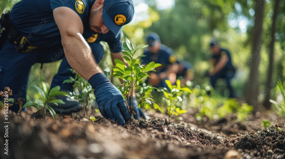 Officers and community members planting trees together, showcasing environmental engagement and collaboration. Officers and community members planting trees together, showcasing environmental engagement and collaboration.