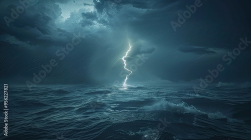 Lightening bolt over the ocean on a stormy night photo