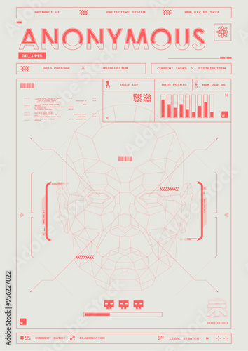Tech Abstract poster template with HUD elements. cyber culture, Modern flyer for web and print. hacking, Cyberpunk futuristic poster with robot face. programming and virtual environments.