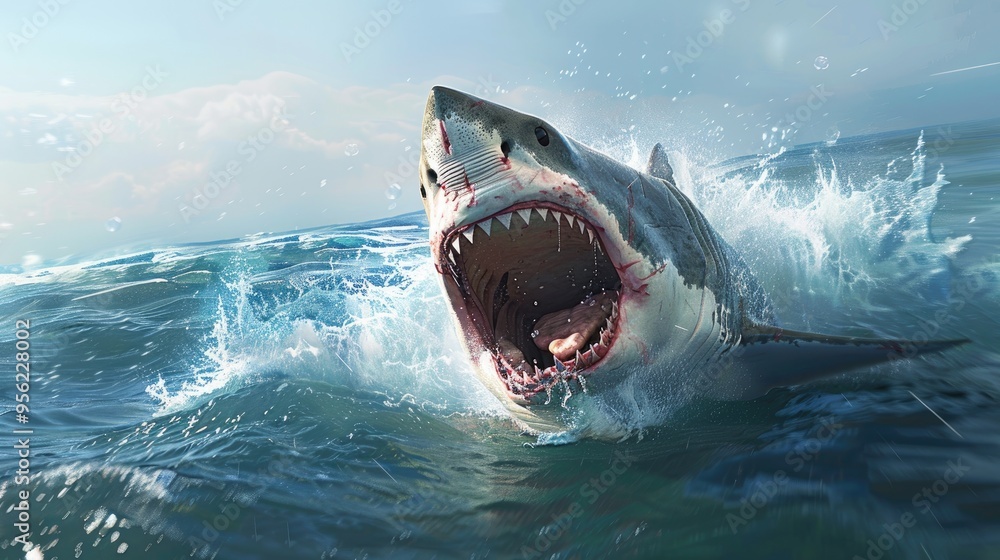 Obraz premium Great white shark with open mouth Great White Shark Carcharodon carcharias in ocean water an attack Hunting of a Great White Shark South Africa