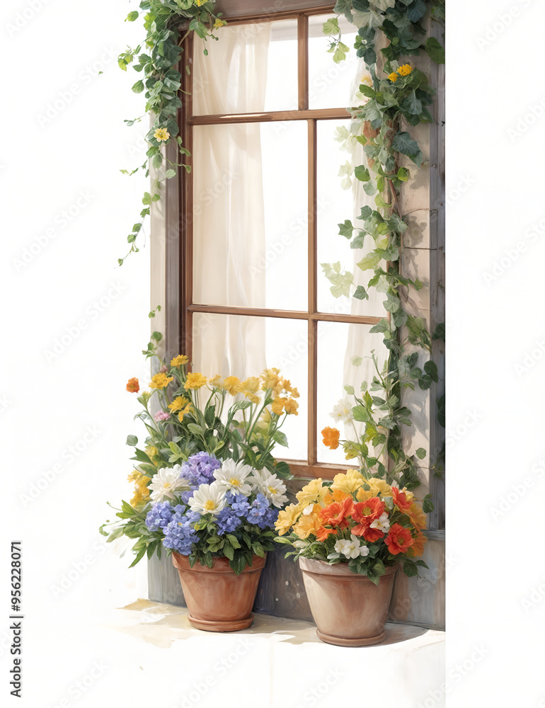 Window with flowers, watercolor clipart illustration with isolated background. Window with flowers, watercolor clipart illustration with isolated background.