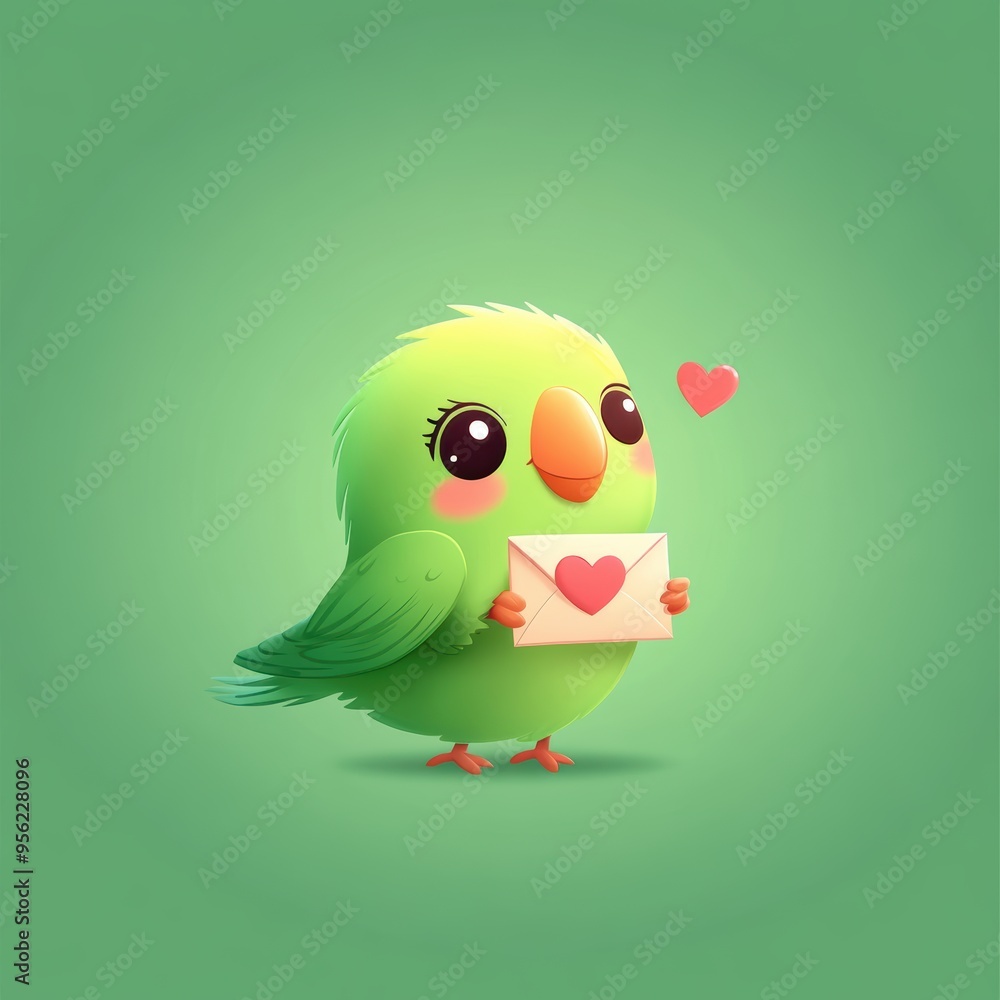 Obraz premium Cute green bird holds a love letter with a heart, set against a soft green background. Perfect for romantic themes and greetings.