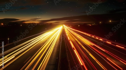 Car lights streaking down a highway at night Traffic flowing in both directions down the Wantagh Parkway at Jones Beach New York photo