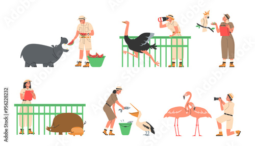 Animal care and observation vector illustrations in flat style.