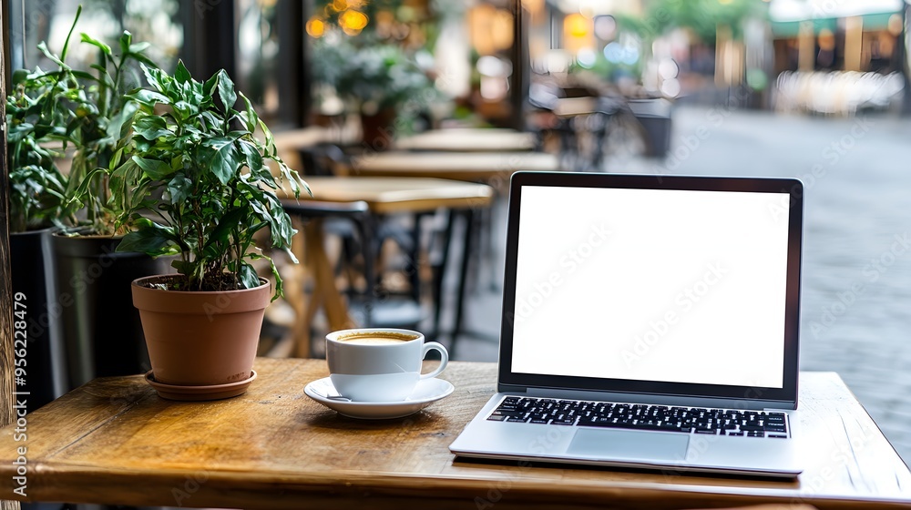 Mockup, laptop blank screen on wood table with coffee cafe background, template for your text advertisement Mockup, laptop blank screen on wood table with coffee cafe background, template for your text advertisement