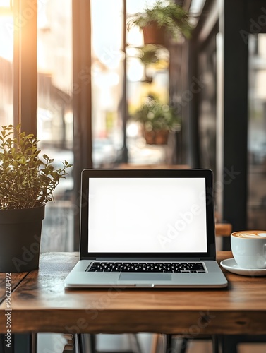 Mockup, laptop blank screen on wood table with coffee cafe background, template for your text advertisement 
