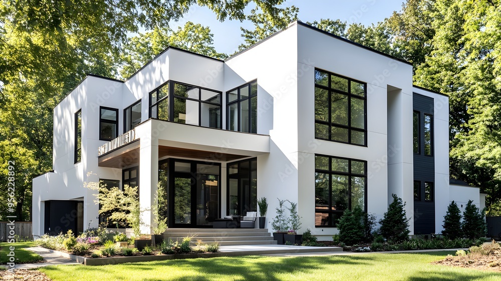 Modern house design, a two-story building with white walls and black windows Modern house design, a two-story building with white walls and black windows