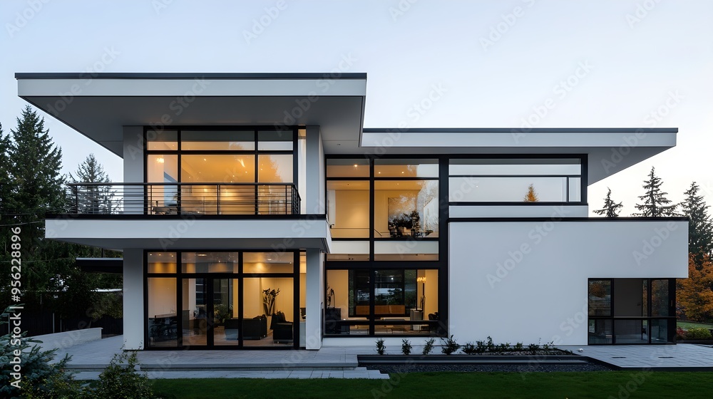Modern house design, a two-story building with white walls and black windows Modern house design, a two-story building with white walls and black windows