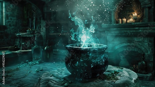 A boiling potion in the witch s cauldron in a dark room with magical props photo