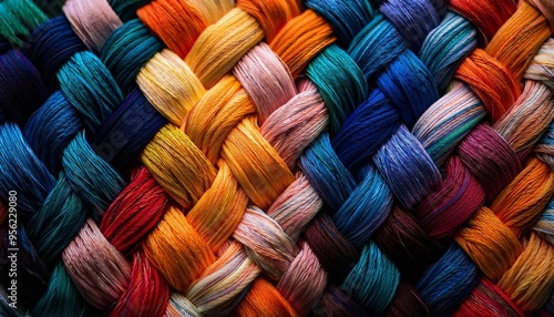 A vibrant array of colorful threads intricately woven together, showcasing a beautiful texture and pattern. photo