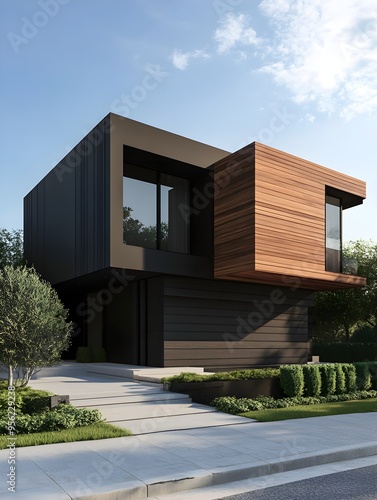 Modern luxury minimalist cubic house, villa with wooden cladding and black panel walls and landscaping design front yard. Residential architecture