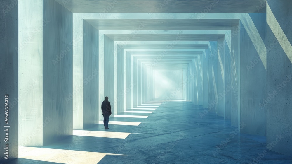 Intersecting beams of light in a futuristic, colourless corridor, creating a geometric way forward with a solitary figure enhancing the atmosphere of silence. Intersecting beams of light in a futuristic, colourless corridor, creating a geometric way forward with a solitary figure enhancing the atmosphere of silence.
