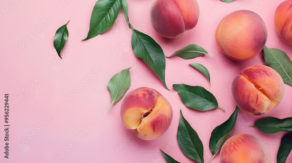 Fresh peaches with leaves on pink ai genrative Fresh peaches with leaves on pink ai genrative