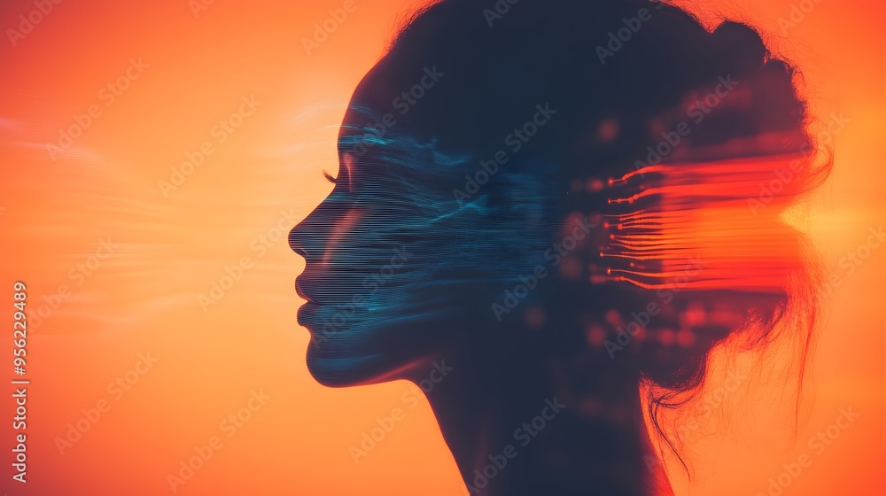 Double exposure of a human profile and soundwaves, symbolizing AI-powered voice recognition.--style raw Double exposure of a human profile and soundwaves, symbolizing AI-powered voice recognition.--style raw
