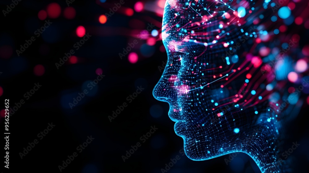 A futuristic face scan merged with AI-generated sound waves in double exposure, highlighting biometric security. The image blends sharp digital details with soft sound patterns A futuristic face scan merged with AI-generated sound waves in double exposure, highlighting biometric security. The image blends sharp digital details with soft sound patterns