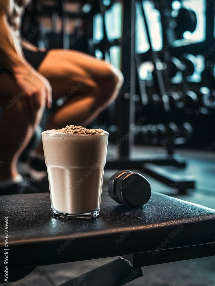 Muscular Strength A person lifting weights in a gym, with a post-workout whey protein shake resting on a bench nearby, symbolizing muscle building and fitness Muscular Strength A person lifting weights in a gym, with a post-workout whey protein shake resting on a bench nearby, symbolizing muscle building and fitness