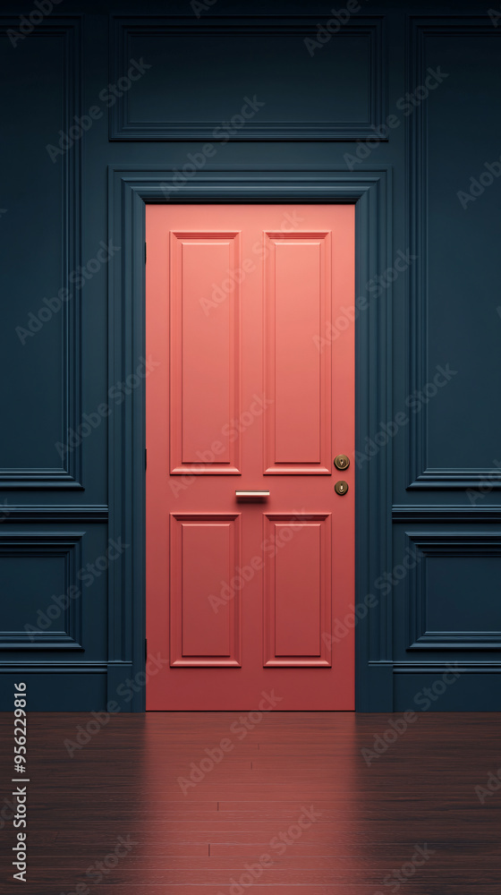 A vibrant coral door stands out against a deep blue wall, creating a striking visual contrast in this modern interior. A vibrant coral door stands out against a deep blue wall, creating a striking visual contrast in this modern interior.