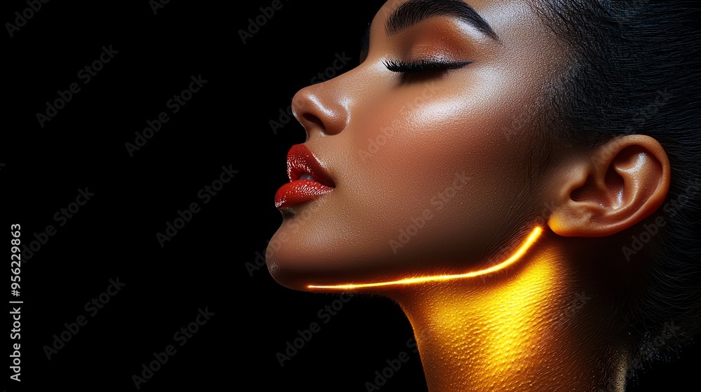 Close-up portrait of a woman with flawless makeup under dramatic lighting highlighting her jawline, showcasing exquisite beauty and elegance. Close-up portrait of a woman with flawless makeup under dramatic lighting highlighting her jawline, showcasing exquisite beauty and elegance.