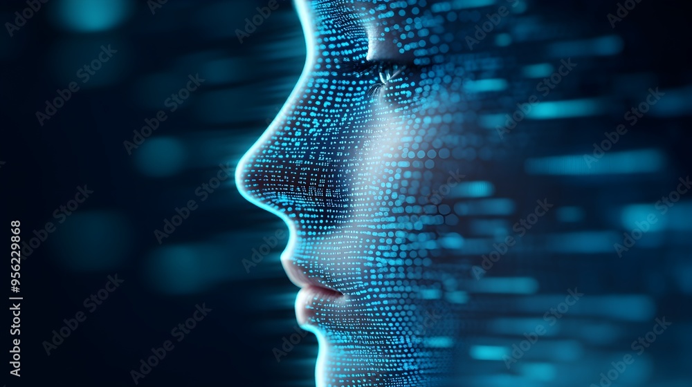 A futuristic biometric facial recognition interface blended with soundwave patterns, double exposure, highlighting AI-driven security with intricate digital overlays A futuristic biometric facial recognition interface blended with soundwave patterns, double exposure, highlighting AI-driven security with intricate digital overlays