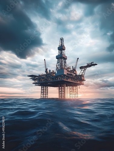 Offshore platform or oil rig in the open ocean producing natural gas for energy