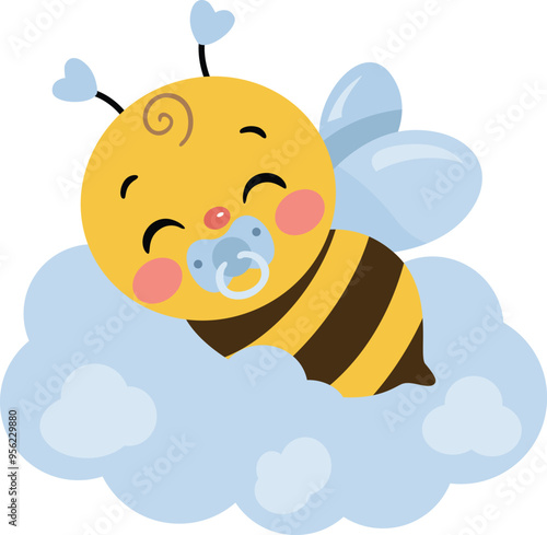 Baby boy bee sleeping on blue cloud