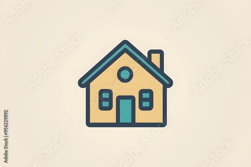 Illustration of a simple house with a turquoise door and window accents.