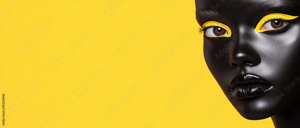 Striking portrait of a model with bold yellow makeup against a vibrant yellow background, showcasing a blend of elegance and artistry. Striking portrait of a model with bold yellow makeup against a vibrant yellow background, showcasing a blend of elegance and artistry.