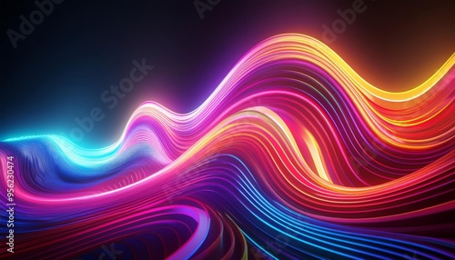 Vibrant wave forms of light in a spectrum of colors against a dark background, creating a dynamic energy and visual harmony.