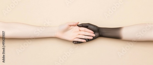 Two hands connect in unity, symbolizing diversity and harmony across different skin tones on a neutral background.