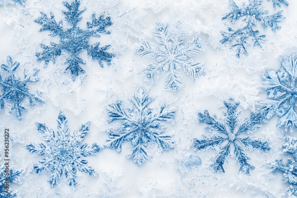 Intricately designed blue snowflakes rest elegantly on a pristine white surface, adding a touch of winter magic and elegance. Generative AI Intricately designed blue snowflakes rest elegantly on a pristine white surface, adding a touch of winter magic and elegance. Generative AI