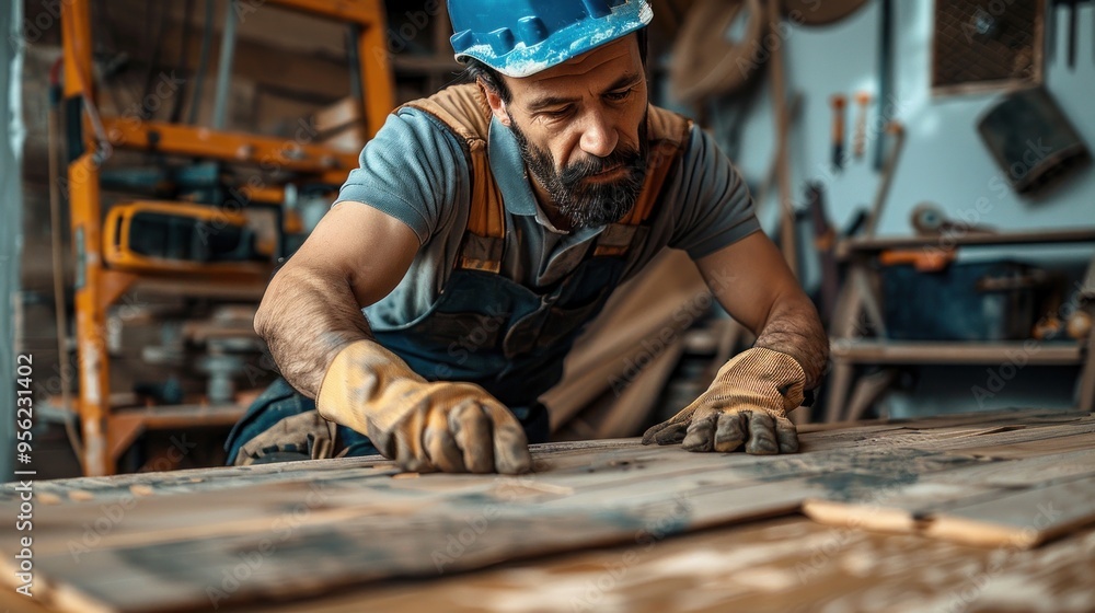 Skilled Carpenter Sanding Wood in Workshop Skilled Carpenter Sanding Wood in Workshop