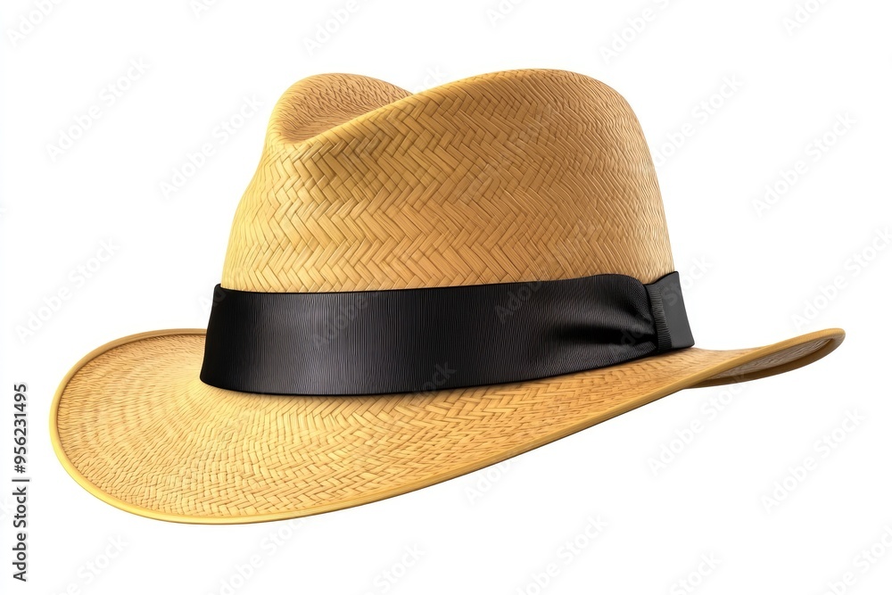 Panama hat style straw hat with black ribbon for head protection. Panama hat style straw hat with black ribbon for head protection.